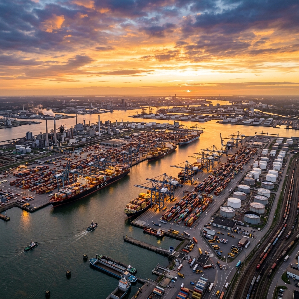 Wide cinematic view of a massive global industrial port at dusk
